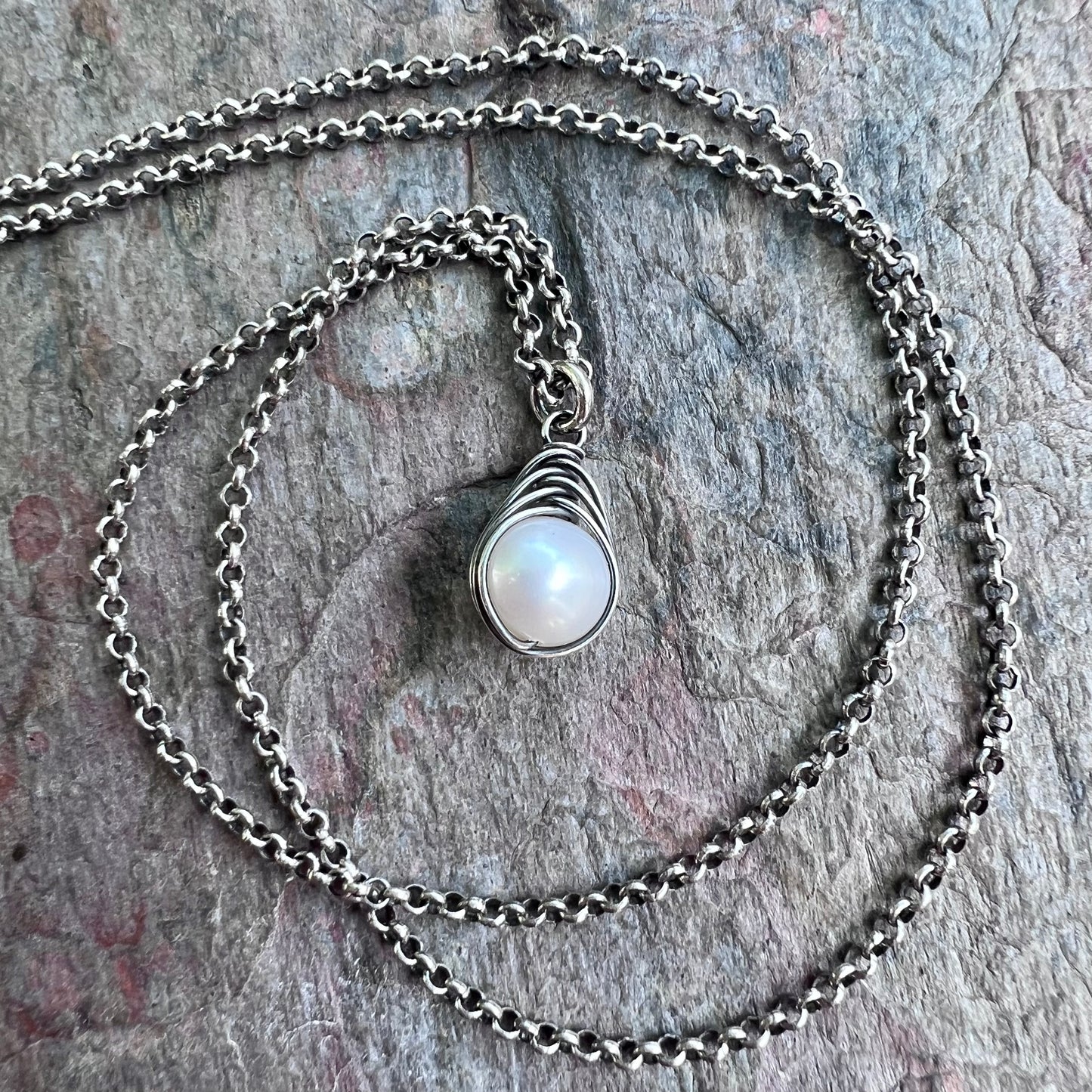 Sterling Silver Pearl Necklace - Genuine Freshwater Pearl Wire-Wrapped Pendant on Sterling Silver Chain