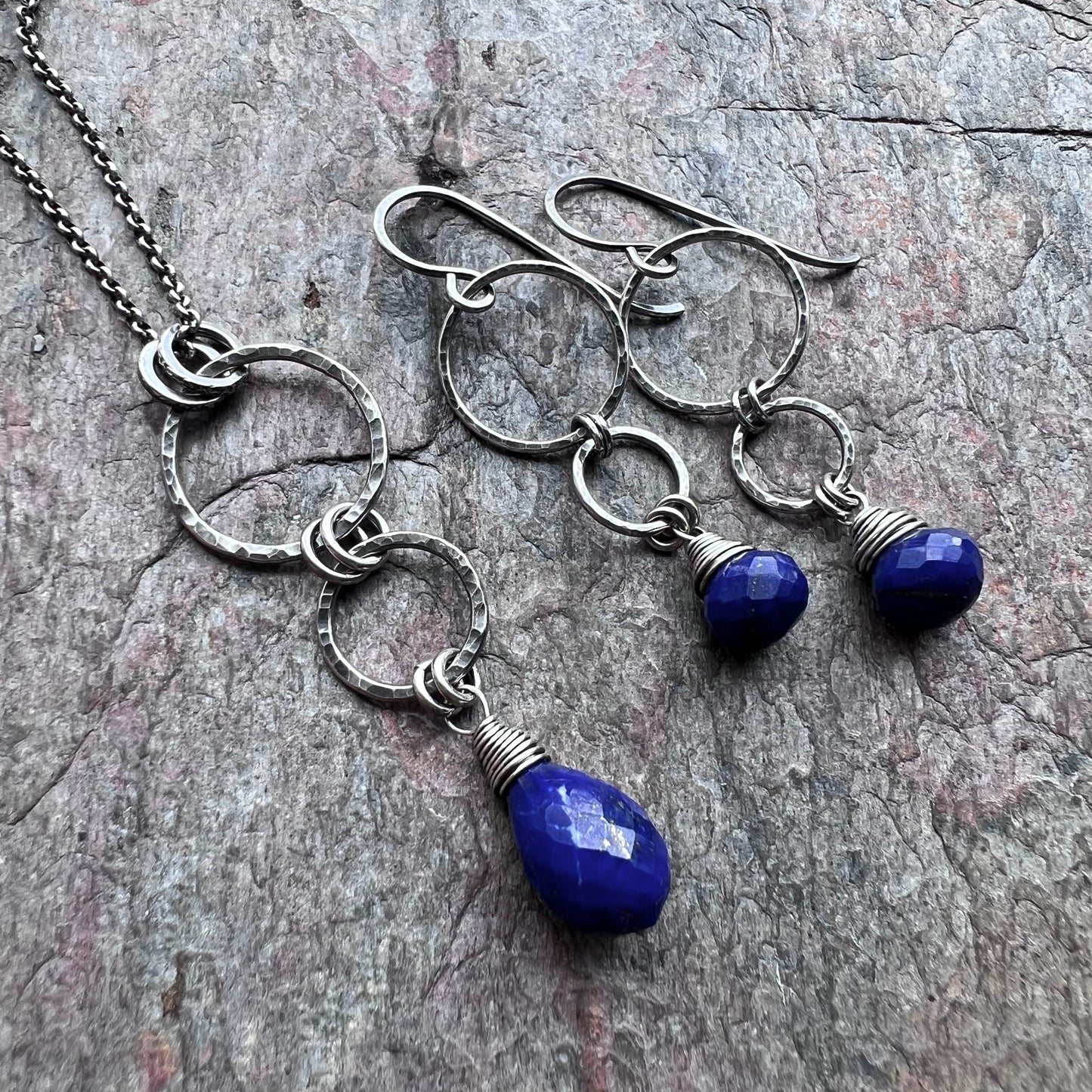 Lapis Lazuli Sterling Silver Earrings - Genuine Lapis Lazuli on Hammered Sterling Silver Circles