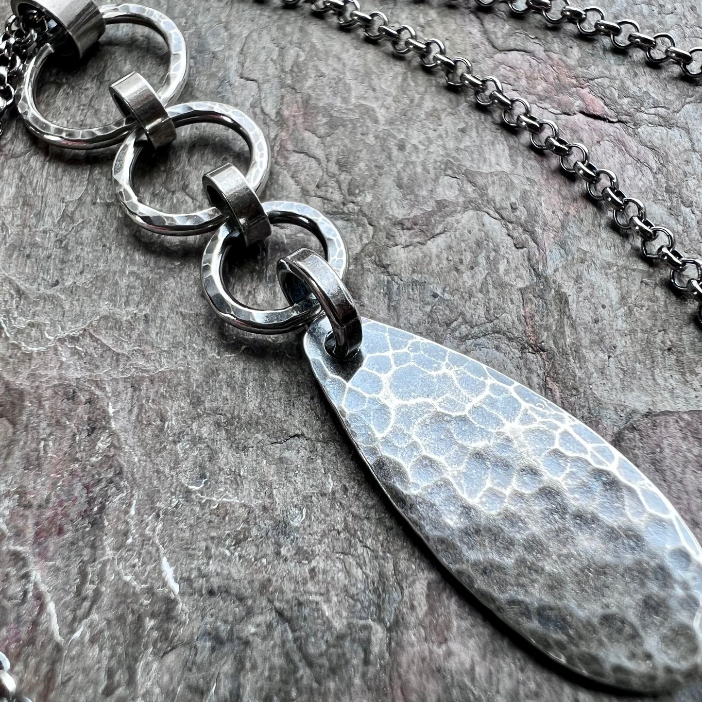 Sterling Silver Hammered Teardrop and Circles Necklace - Handmade Pendant on Sterling Silver Chain