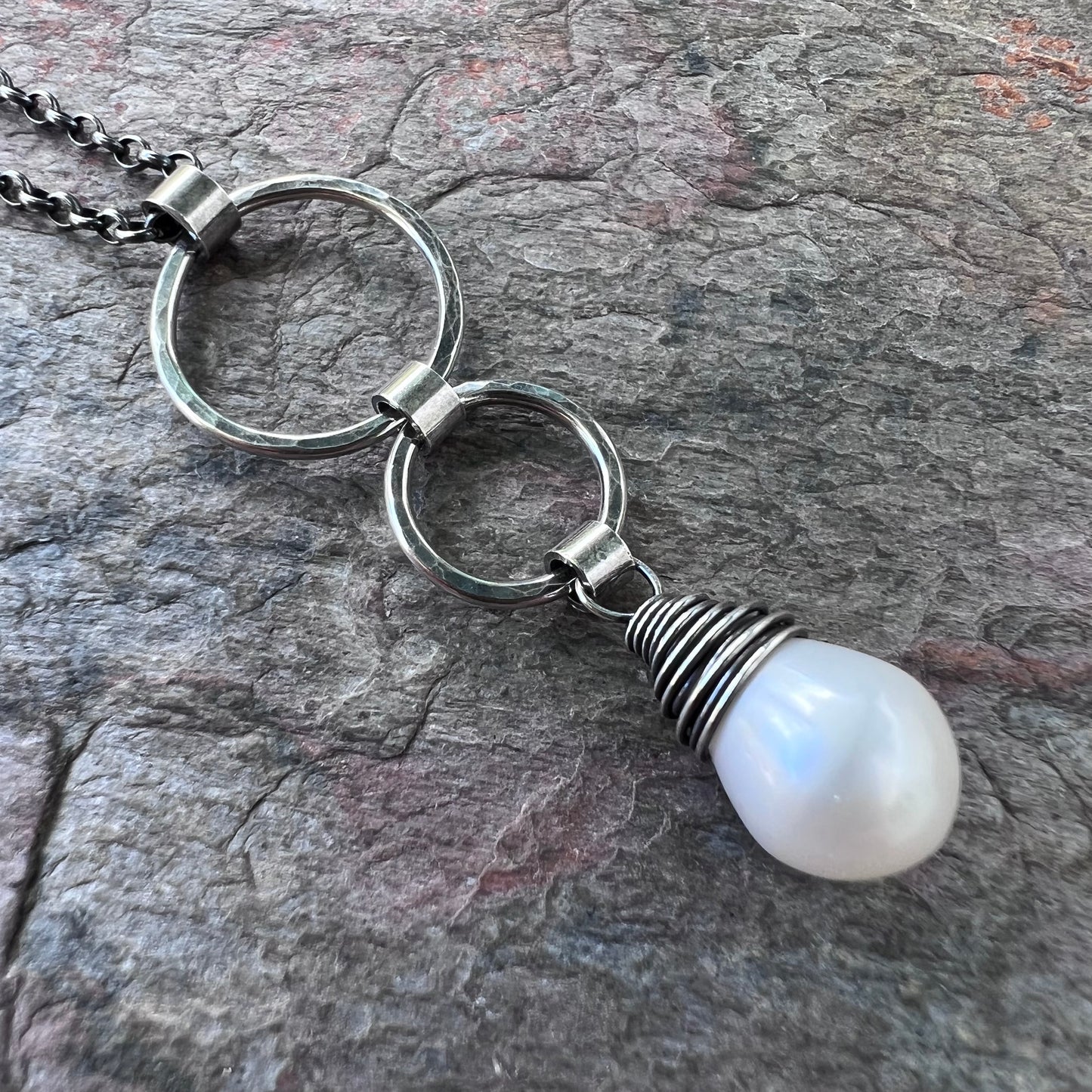 Sterling Silver Pearl Necklace - Genuine Freshwater Pearl and Hammered Silver Rings Pendant on Sterling Silver Chain