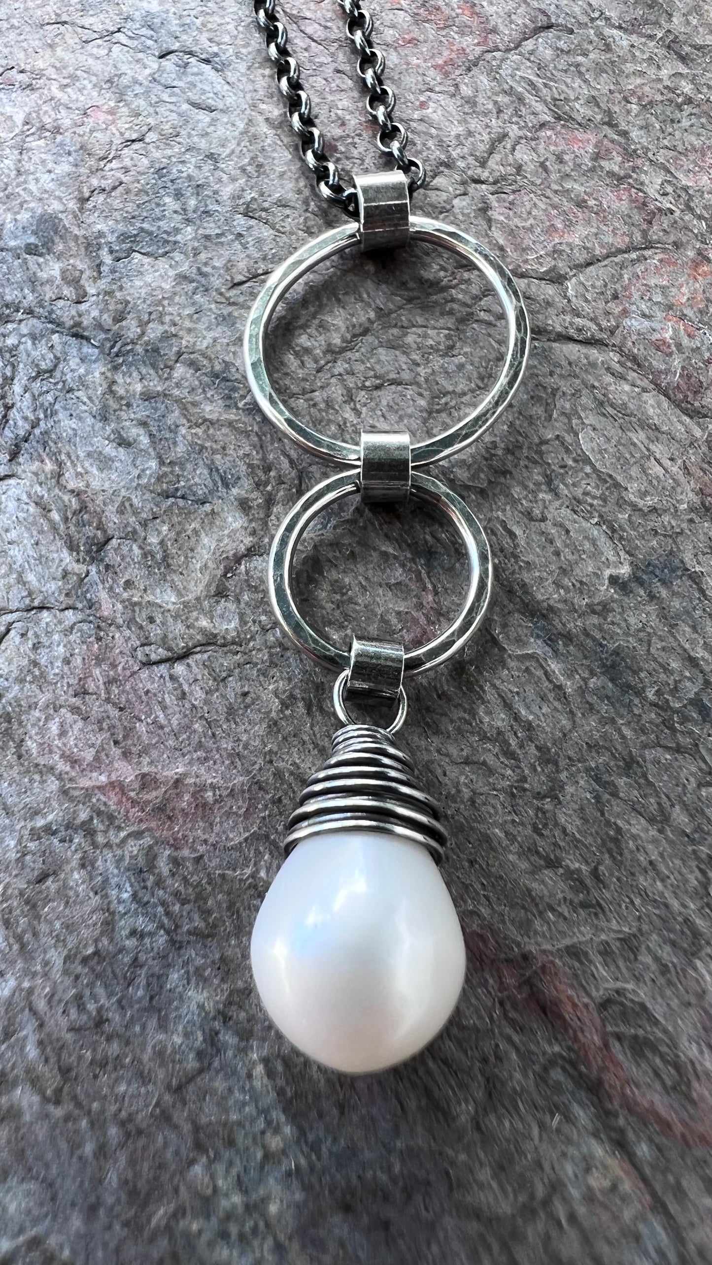 Sterling Silver Pearl Necklace - Genuine Freshwater Pearl and Hammered Silver Rings Pendant on Sterling Silver Chain