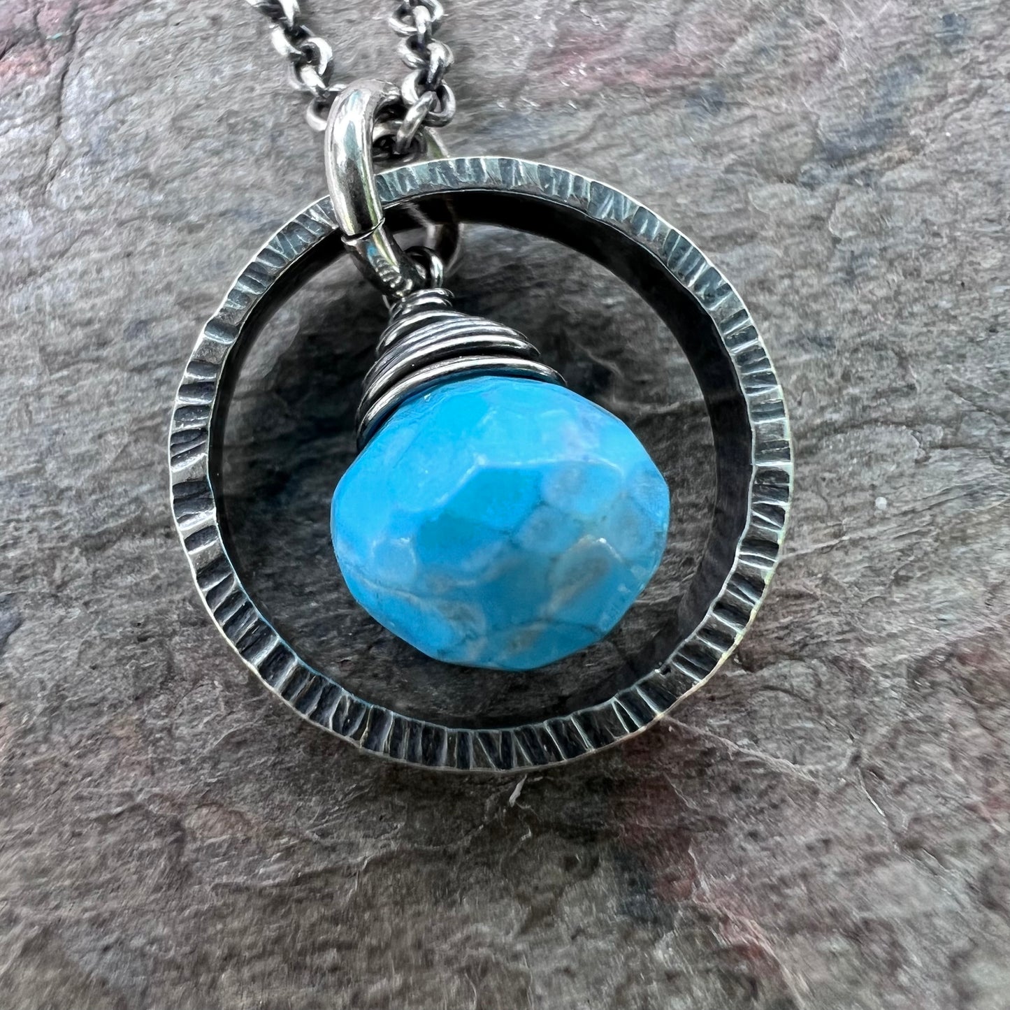 Turquoise Sterling Silver Necklace - Faceted Turquoise Pendant in Textured Circle on Sterling Silver Chain